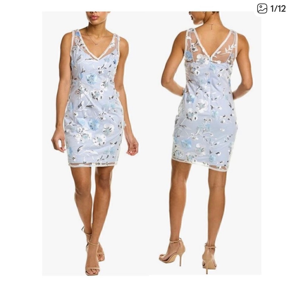Adrianna Papell sz 16 Floral Embroidery appliqué blue mini‎ Sheath dress
